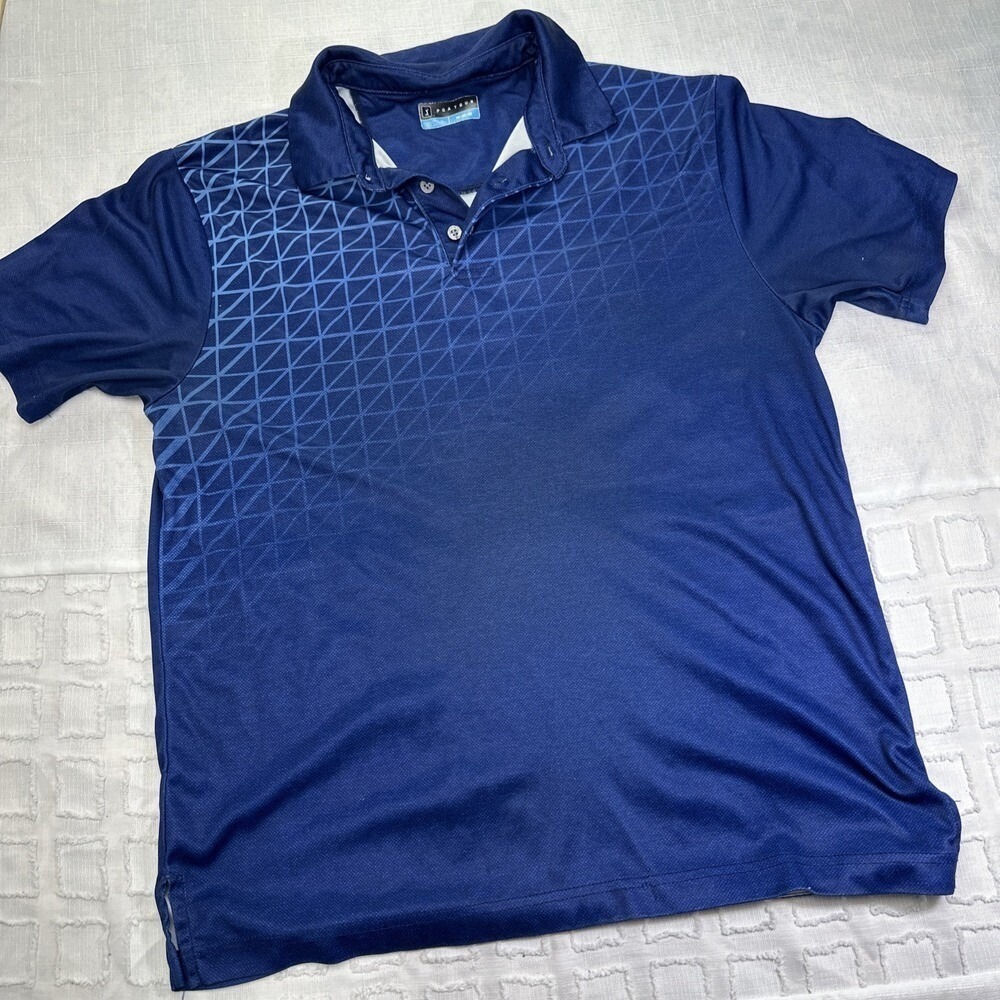 PGA Tour Mens Navy Blue Geometric Grid Performance Golf Polo‎ Shirt Medium